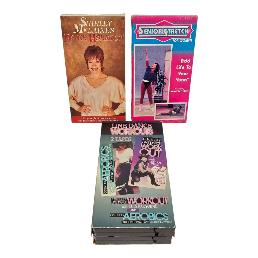 Lot of 3 Workout Program VHS - Stress Reduction, Senior Stretch, Line‎ Dance